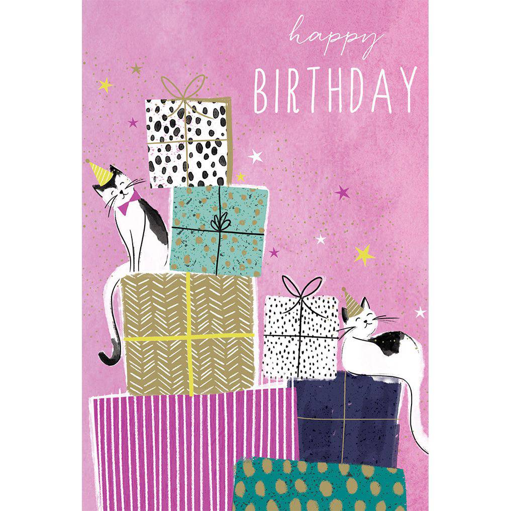 Colorful Sara Miller cats on present birthday card from Pictura, featuring whimsical illustration for special occasions.